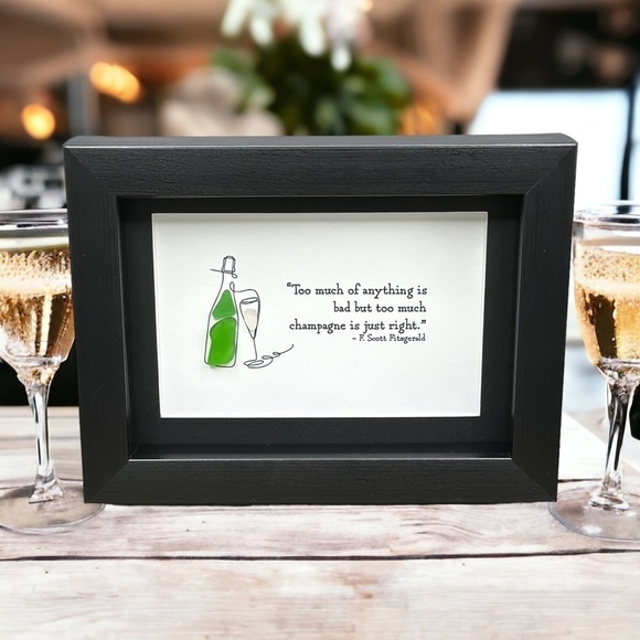 Sea Glass Art Bar Decor| Champagne Cocktail Quote Seaglass Gift| Framed Art Gift - Picture 1 of 8